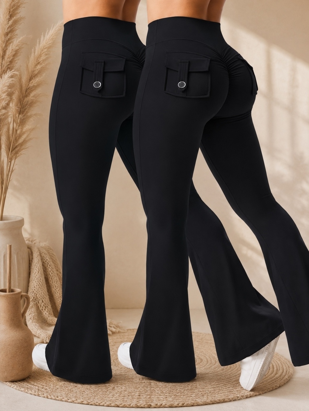 3 Pack Black Flare Leggings M Cinch Butt No Front Seam Pockets Yoga Pants